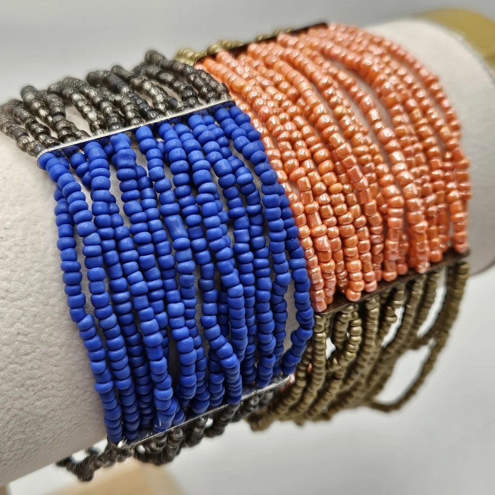 Bronze Tone Blue and Coral Glass Seed Bead Stretch Bracelet Set Boho